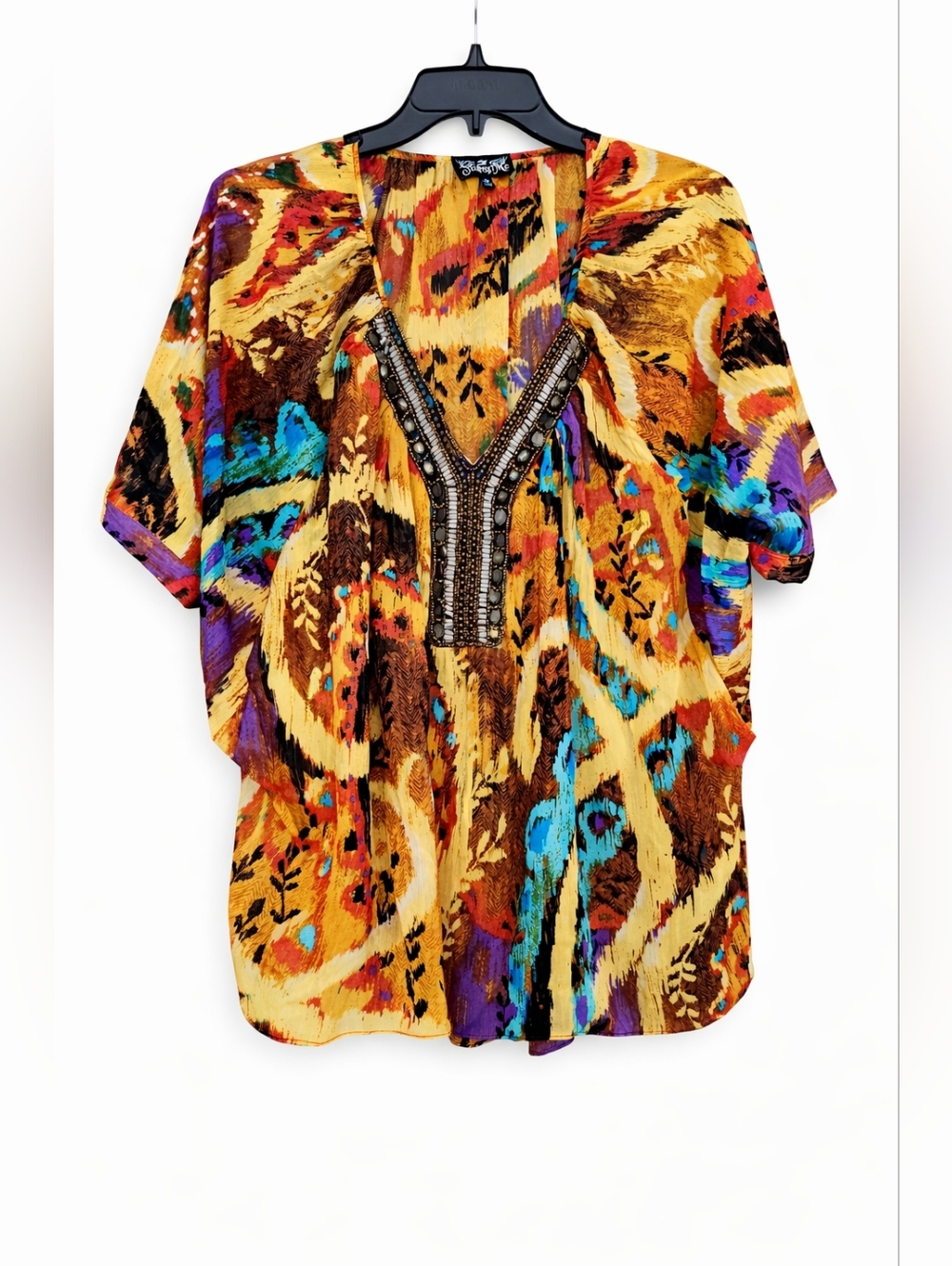 Plus Size Embellished V-Neck Print Top Multi- Color Size 3X - Picture 3 of 6